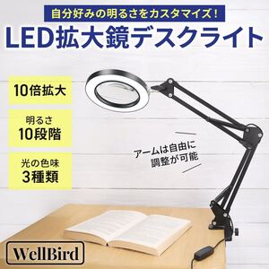 LED拡大鏡デスクライト 10倍率ルーペ 卓上ライト 72個LEDライト付き USB給電 読書 新聞 手芸