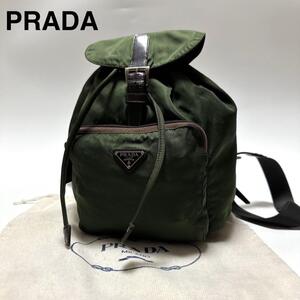 g50【極美品】プラダ　PRADA 三角ロゴ　ナイロン　レザー　革　カーキ　巾着　リュック　バックパック