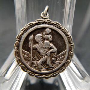 ヴィンテージ スターリングシルバー ペンダント コイン チャーム 彫金 銀 男性 子供 St Christopher 聖人 宗教 メダル キリスト ⑨ T9