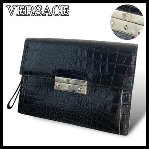 美品● VERSACE ヴェルサーチ クラッチバッグ セカンドバッグ クロコ型押し メデューサ 現行モデル 本革 ブラック 黒 a219