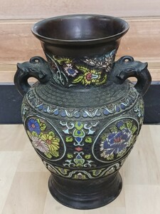 時代物　七宝　銅製　花瓶　花器　花入　金属工芸　象　双耳　花紋様