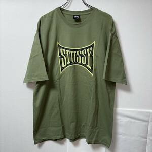 美品 stussy ステューシー センター ビッグ ロゴ tシャツ XL カーキ オーバーサイズ プリント グリーン 00s 90s