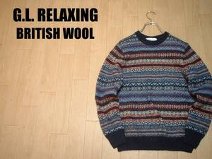 GREEN LABEL RELAXING BRITISH WOOLブリティッシュウールセーターMネイビー正規ユナイテッドアローズジャガードフェアアイルジャミーソンズ