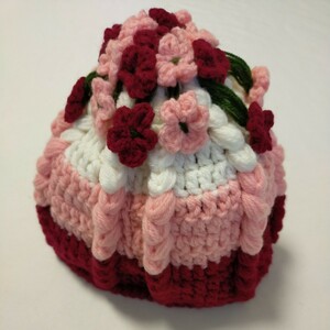 お花　毛糸　ピンク　可愛い　ハンドメイド　ニット帽　帽子　女の子　手編み　女の子　女性　レディス　未使用