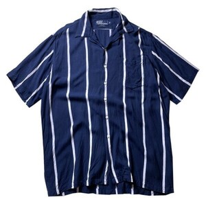 1000円スタート! 90s Polo Ralph Lauren ラルフローレン ストライプ柄 オープンカラー レーヨン 半袖シャツ ネイビー 紺 M メンズ古着 希少