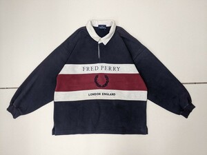 5．フレッドペリー 日本製 ヴィンテージ デカロゴ ヘビーオンス 肉厚生地 長袖 ラガーシャツ ポロシャツ FREDPERRY メンズM 紺グレーx610