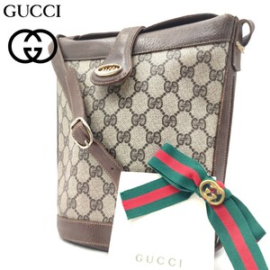 1円〜GUCCI グッチ オールドグッチ ショルダーバッグ バケツ型 PVC レザー GG柄 ブラウン系　ゴールド金具