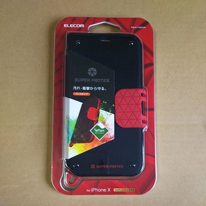 ◎ELECOM iPhoneX ケース SUPER PROTEX 手帳型 ソフトレザーカバー テフロン加工生地使用 ブラック×レッド PM-A17XSPC04