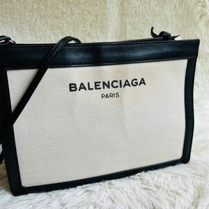 1円 正規品本物 BALENCIAGA バレンシアガ ネイビーポシェット キャンバス×レザー クロスボディ ショルダーバッグ アイボリー×ブラック系