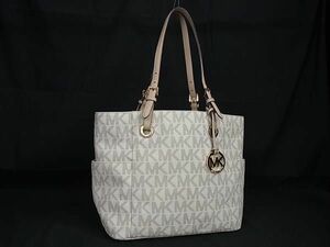 1円 ■美品■ MICHAEL KORS マイケルコース MK柄 PVC×レザー トートバッグ ショルダー 肩掛けかばん レディース アイボリー系 BF8362