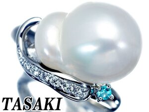 1円～【ジュエリー極】TASAKI 極上バロック南洋白蝶真珠16.4mm×12.4mm＆パライバトルマリン＆ダイヤ 高級Pt900リング a1563kr【送料無料】