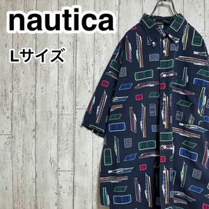 ☆美品☆ ☆送料無料☆ nauvica ノーティカ 総柄シャツ Lサイズ ネイビー ビッグサイズ 船 セーリング 22-103