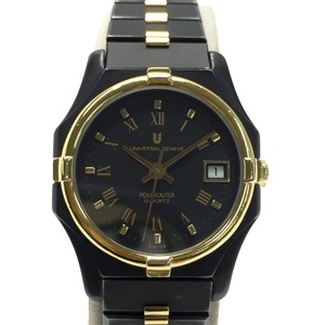 ☆☆ UNIVERSAL GENEVE POLEROUTER 16KT GOLD 918 600 ブラック クォーツ 腕時計 やや傷や汚れあり