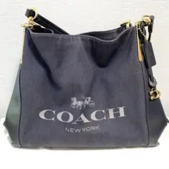 COACH　ホースロゴ  ジャガード レザー ショルダー バッグ ネイビー