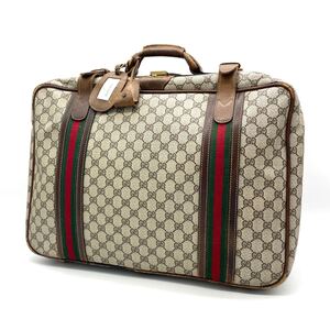 1円 グッチ GUCCI トラベルバッグ レザー PVC ハンドバッグ オールドグッチ ヴィンテージ ブラウン系 茶色 GG柄 シェリーライン 旅行鞄