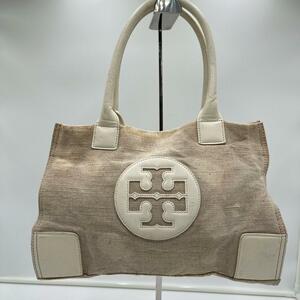 1円～　J-1　80　TORY BURCH トリーバーチ　ハンドバッグ　トートバッグ　麻　ベージュ　ロゴ　デカロゴ