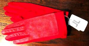 （レディース・手袋・新品）LANCETTI ランチェッティ 赤色ジャージー生地 手の甲部に豚皮の貼り付け ウール混 
