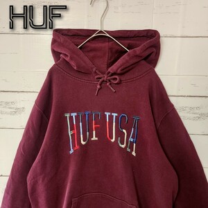 《希少》HUF ハフ パーカー ボルドー レッド 刺繍ロゴ USA カラフル