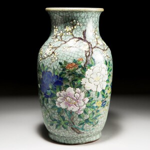 PJ787. 中国古玩 青磁 色絵 花文 花器 高さ30.4cm / 陶器陶芸花瓶古美術時代