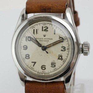 2411-603 ロレックス 手巻き式 腕時計 ROLEX 2280 オイスター プレシジョン 全数字 銀色ケース レザーベルト