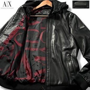 極美品/Mサイズ相当●アルマーニ エクスチェンジ 2way レザー パーカー MA-1 ジャケット ARMANI EXCHANGE ダブルジップ ロゴ金具 PVC 革 黒