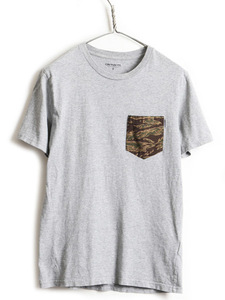 希少サイズ S ■ カーハート WIP クルーネック 迷彩 ポケット付き 半袖 Tシャツ ( メンズ ) 古着 半袖Tシャツ ポケT ロゴ CARHARTT カモ 灰
