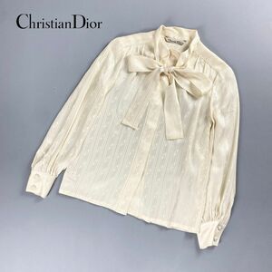 Christian Dior クリスチャン ディオール シルク100% 総柄 ボウタイシャツブラウス トップス レディース ベージュ サイズS*OC708