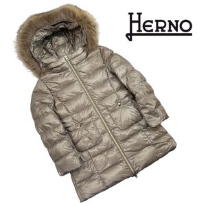 定価約10万 美品 HERNO ヘルノ ファーダウンコート サイズ8A(キッズ130cm) ベージュ イタリア製 細かな汚れ.スレ有 上質 女の子向け A2863