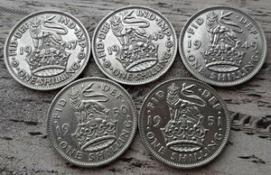 5種類セットイギリス 1947~1951年 シリング 英国コイン 美品です 本物 ライオンデザインジョージ王