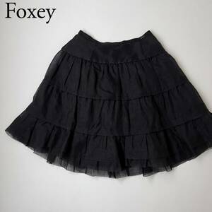 FOXEY BOUTIQUE フォクシーブティック フレアスカート ホイップノワール　総シルク　ロゴプレート ティアード風　日本製　レディース