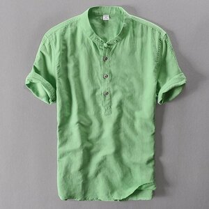 4XL グリーン リネンシャツ メンズ 半袖 無地 通気 麻綿 シャツ 白シャツ カジュアル 春 夏物