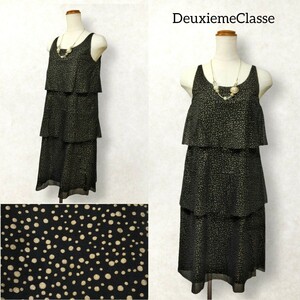 34 【Deuxieme Classe】 ドゥーズィエムクラス 段フリル ドット 総柄 ワンピース 黒 ブラック 薄手 ラメ ノースリーブ 膝丈 ひざ丈