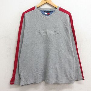 XL/古着 トミーヒルフィガー トミージーンズ 長袖 ブランド Tシャツ メンズ 90s ビッグロゴ ラグラン コットン Vネック グレー 霜降り