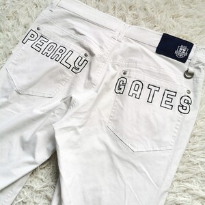 1円〜【30周年 美品 L】PEARLY GATES パンツ バック ロゴ ワッペン ストレッチ パーリーゲイツ ゴルフ ニコちゃん ホワイト 白 5 銀ボタン