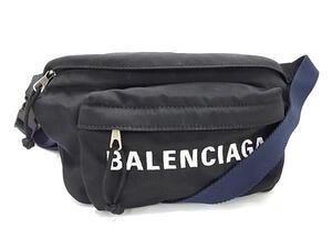 1円 ■美品■ BALENCIAGA バレンシアガ ウィール ナイロン ボディバッグ ウエストポーチ ウエストバッグ ブラック系×ネイビー系 FF8365