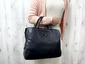 美品 PRADA プラダ ハンドバッグ トートバッグ バッグ ナッパレザー 紺 A4収納可 79726Y