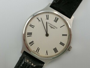 T【1b-49】【60サイズ】▲ LONGINES ロンジン 2針 アイボリー系文字盤 手巻き腕時計/動作不良ジャンク品/※傷汚れ ベルト劣化有