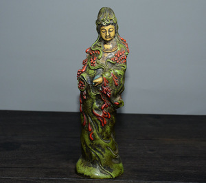 ▽鴻▽ 黄楊木製 細密彫 彩繪 觀音 置物 古賞物 中国古玩 中国古美術
