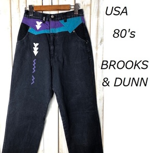 USA古着 80s～ USA製 デザイン切り替え ブラックデニムパンツ 7 BROOKS&DUNN 黒 ヴィンテージ ユニセックス ワイドテーパード ●31