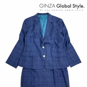 10T219☆ GINZA Global Style 銀座グローバルスタイル ウール100% チェック スカートスーツ セットアップ オーダーメイド レディース 冬 紺