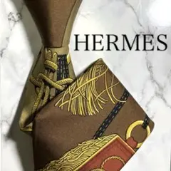 HERMES エルメス　ネクタイ　ブラウン　スカーフ柄　シルク