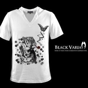 ztm005-wh BLACK VARIA 虎×蝶 タイガー×バタフライ オリジナルプリント綿100%半袖VネックTシャツ 細身 メンズ(ホワイト白) XXL 送370円～