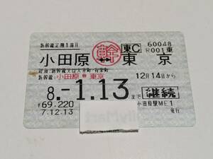 新幹線定期券 1ヶ月　小田原-東京 (平成7.12.14〜平成8年1.13) JR東日本・小田原駅発行　(コレクション用・使用済)