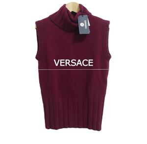 新品同様 VERSACE ヴェルサーチ サイズ40 カシミヤ100％ メデューサ釦 タートルネック ノースリーブ ニットセーター ベスト ボルドー