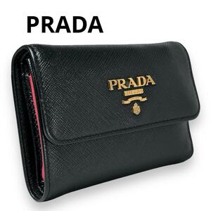 PRADA プラダ サフィアーノレザー 三つ折り コンパクト 財布 Wallet ウォレット ロゴ金具 小銭入れ お札入れ マルチカラー ブラック 1MH025