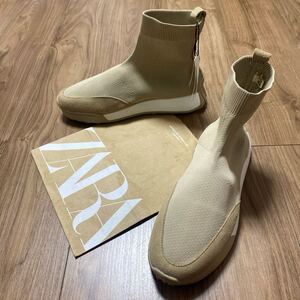 新品 ZARA 牛革使用 ソックライナースニーカー 25.5cm 39 BEIGE メンズ ザラ スニーカー シューズ メッシュ ミッドカット ソックス