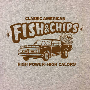 ■FISH & CHIPS Tシャツ■Sサイズ（グレーxブラウン）アメリカ　アメ車　モパ－　MOPAR　PLYMOUTH BARRACUDA 　ハンバ－ガ－　ポテト