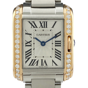 カルティエ CARTIER タンクアングレーズ ダイヤベゼル W3TA0002 腕時計 SS PG ダイヤモンド クォーツ シルバー レディース 【中古】