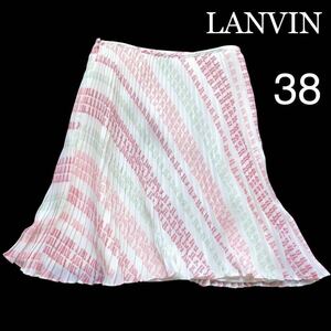 LANVIN COLLECTION ランバン コレクション プリーツ ロゴマーク スカート 日本製 フレア モノグラム ミニ 9号Mサイズ38 ホワイト白 柄赤緑
