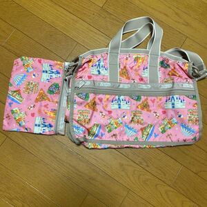 未使用 レスポートサック LeSportsac ディズニー ボストンバッグ ミッキー ミニー ドナルド シンデレラ城 ディズニーランド ピンク